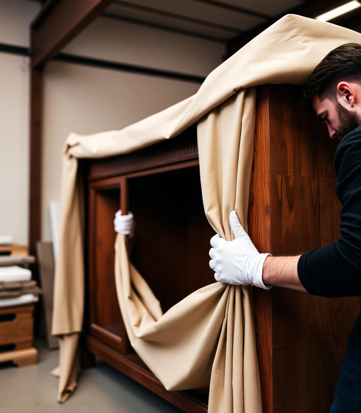 A specialist with white gloves wrapping a fine wooden cabinet