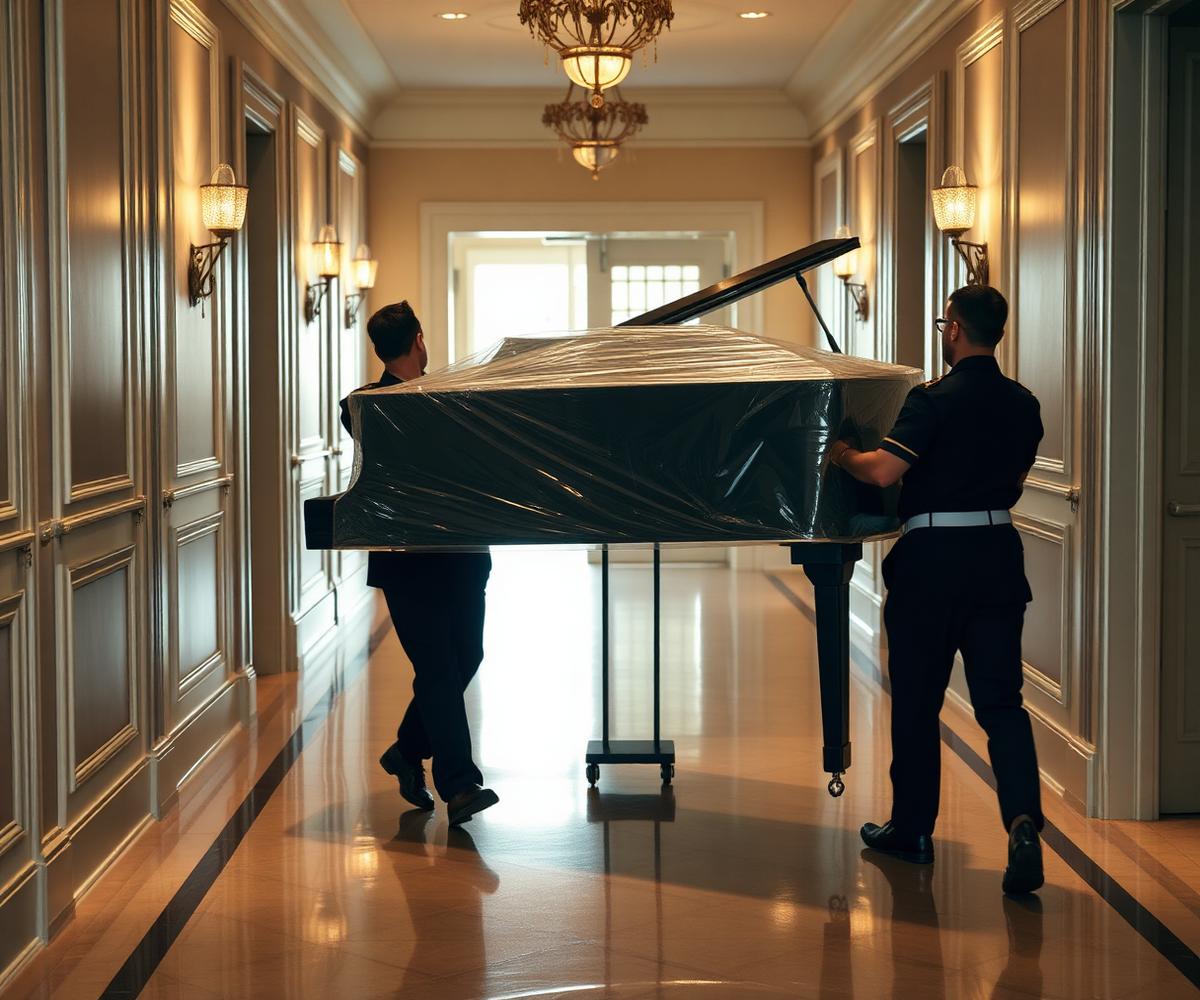 Two specialists moving a wrapped grand piano