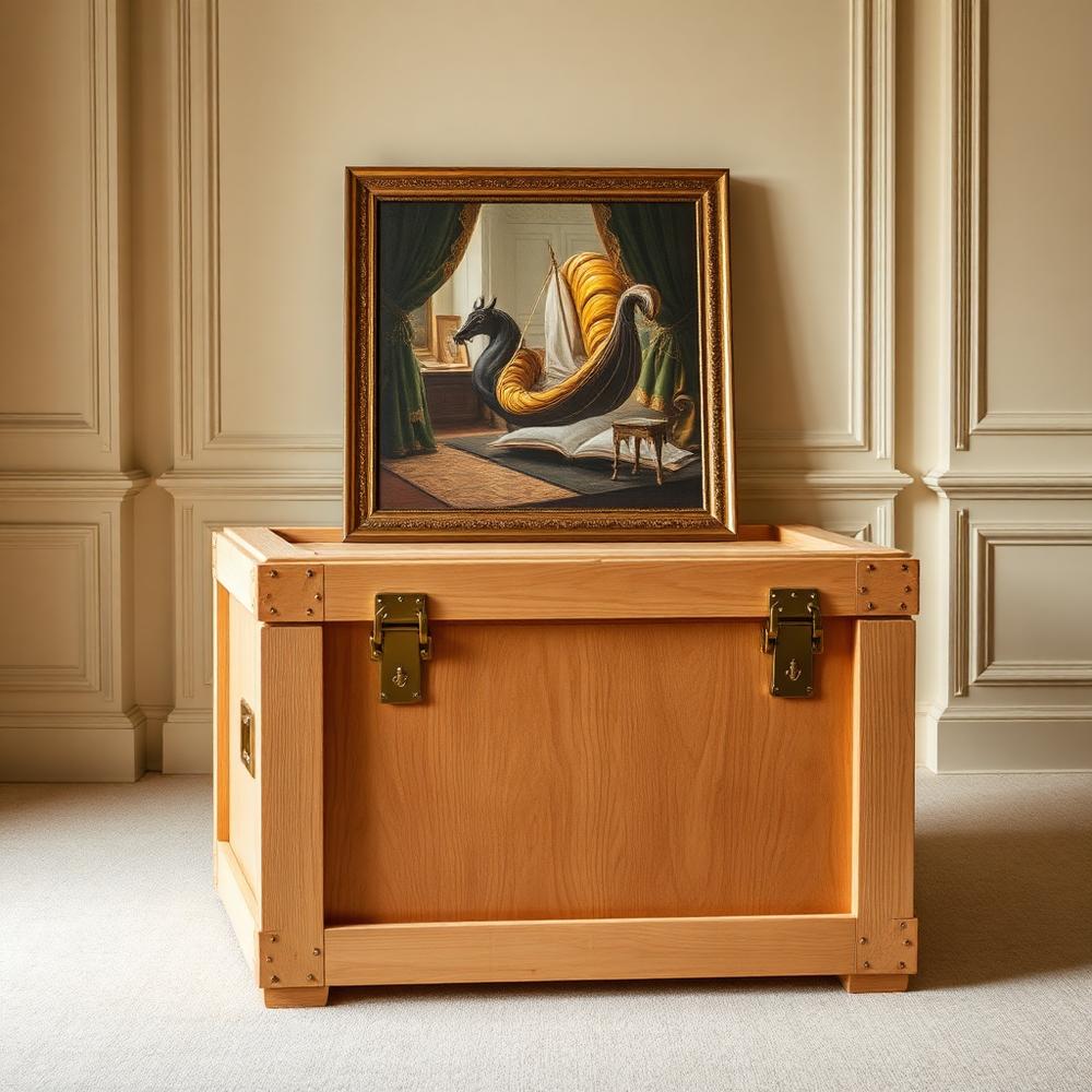 Custom wooden art crate with brass hardware
